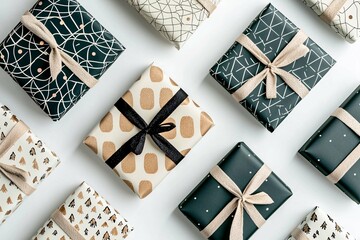 Fototapeta premium Elegant gift wrap mockup featuring a selection of patterned wrapping paper displayed on a pristine studio surface, ideal for highlighting festive designs in promotional materials.