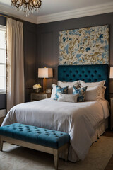 A bedroom with teal velvet headboard, bench, and patterned wall art. White bedding and beige curtains complement the dark gray walls. Two lamps flank the bed on matching nightstands.
