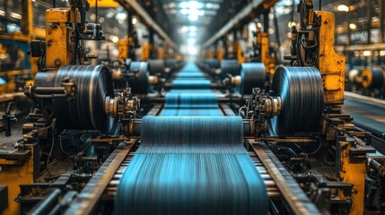 A manufacturing facility showcasing machinery processing materials on conveyor belts.