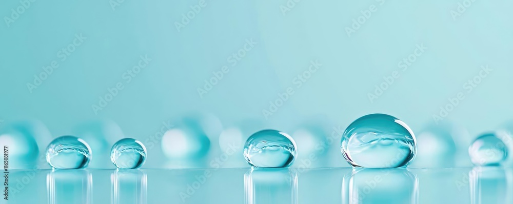 Poster Droplets abstract background idea. Close-up of water droplets on a surface with a soft turquoise background.