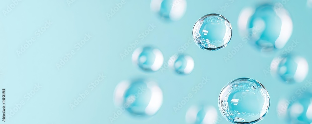 Poster droplets abstract background idea. clear bubbles floating in a soft blue background, symbolizing pur