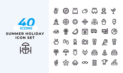 A set of line icons related to Summer Holiday Icons.  beach, filled line, flat, glyph, holiday, hotel, icon, icons, icons set, illustration, line, and so on others.