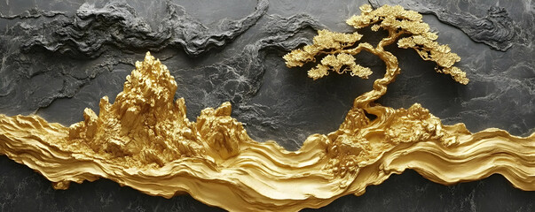 Golden Mountain Landscape with Bonsai Tree, Elegant Wall Art Decor, Exquisite Craftsmanship,  Adds Sophistication to Any Space.