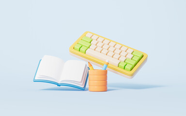 Cartoon style keyboard and books in blue background,3d rendering