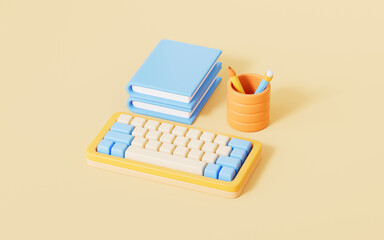 Cartoon style keyboard and books in yellow background,3d rendering