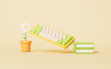 Cartoon style keyboard and books in yellow background,3d rendering