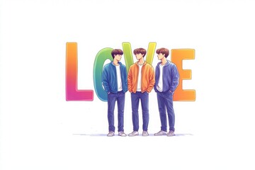 Fototapeta premium Three young men stand together, smiling, with the colorful word 