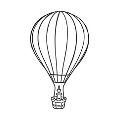 A thick-lined doodle of a hot air balloon with a striped pattern and a small basket, drawn in bold outlines with no fill color, on a plain white background.

