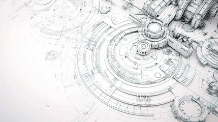 Detailed Mechanical Engine Technical Drawing on White Background