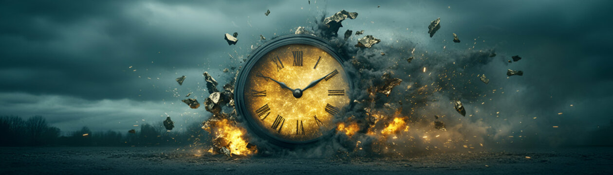 Exploding Clock, Time's Fiery Demise, Shattering Reality with Intense Destruction Under a Stormy Sky