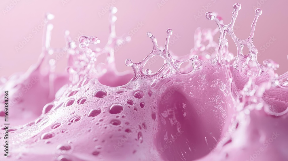 Poster Droplets abstract background idea. Close-up of pink liquid with splashes and bubbles creating a vibrant, refreshing effect.
