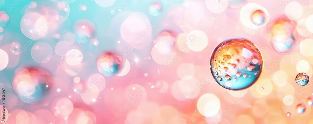 Poster Droplets abstract background idea. Colorful droplets create a dreamy bokeh effect on a soft pastel background.