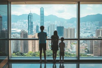 A family of three, a man, a woman and a child