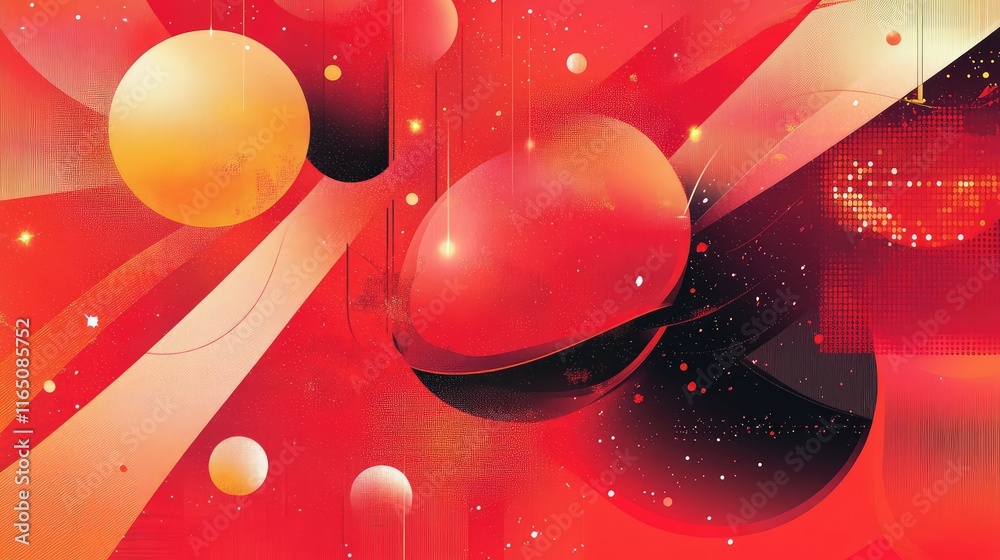 Fototapete bold red abstract graphics with festive elements like sparkles and glowing orbs, symbolizing the new