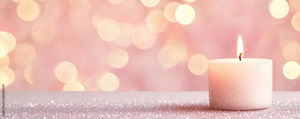 Poster sparkle abstract background concept. a softly glowing candle on a sparkly surface with a dreamy pink