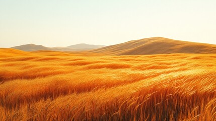 A field of golden wheat swaying gently in the breeze under a clear sky