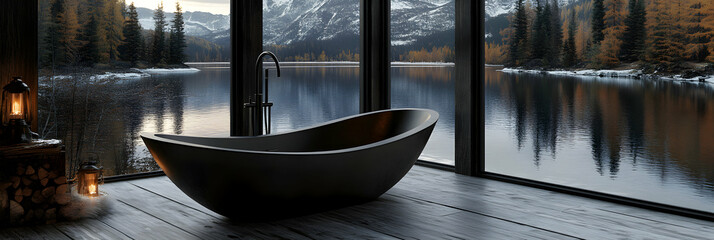 Serene Black Freestanding Tub in Mountain Cabin, Overlooking Stunning Lake View at Dusk, Tranquil Relaxation and Luxurious Getaway.