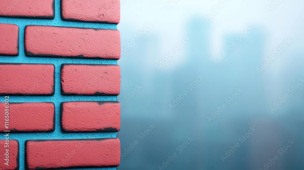 Poster graffiti abstract background concept. close-up of a colorful brick wall with a blurry cityscape in t