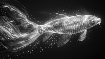 A stylized, monochromatic illustration of a fish swimming gracefully through water.