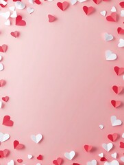 Red and white paper hearts bordering the edges, providing copy space for text, ideal for Valentine's Day cards, romantic invitations, and branding designs