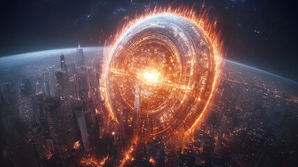 Obraz premium Cosmic Impact, Fiery Orb Engulfs Metropolis, Leaving Devastation in its Wake