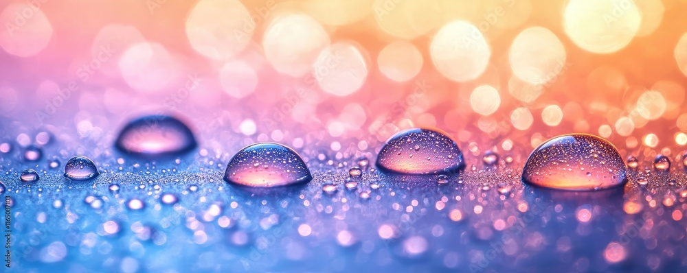 Poster Droplets abstract background idea. Colorful water droplets on a surface, creating a stunning visual with vibrant bokeh effect.