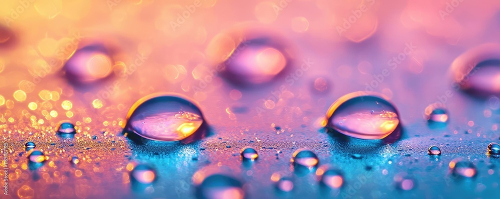 Poster droplets abstract background idea. close-up of colorful water droplets reflecting light on a vibrant