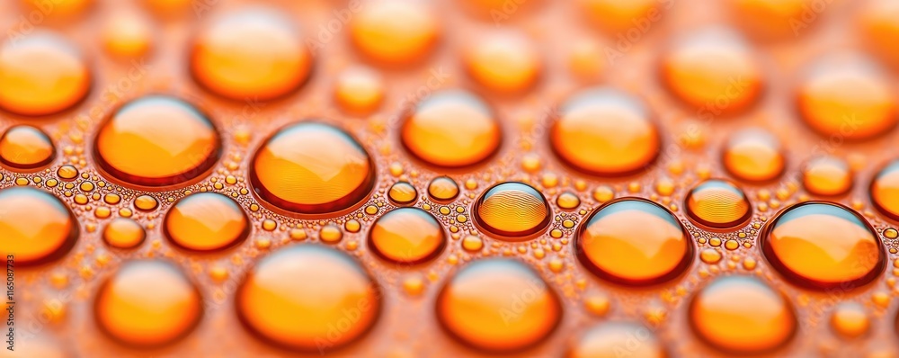 Poster droplets abstract background idea. close-up of vibrant orange water droplets on a textured surface, 