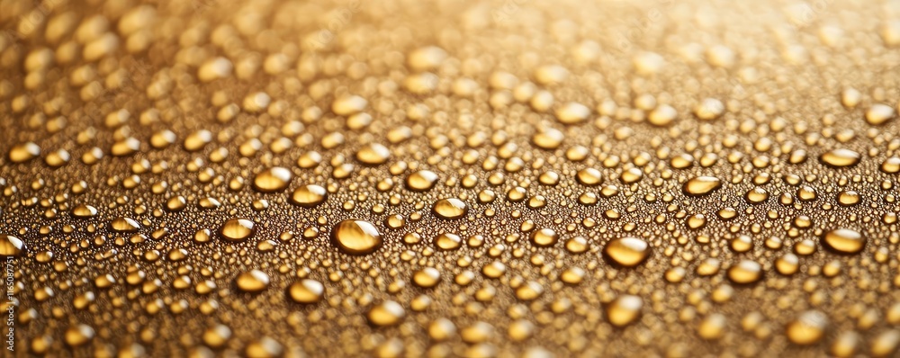 Poster droplets abstract background idea. close-up of water droplets on a golden surface, creating a refres