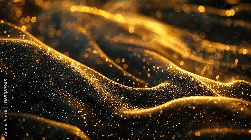 Poster Sparkle abstract background concept. A mesmerizing close-up of flowing golden waves with sparkling particles.