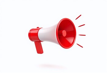 Red and white megaphone with sound waves on a white background, symbolizing communication and announcements.