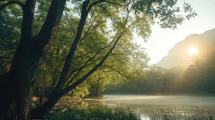 Obraz premium Sunrise over tranquil lake and forest
