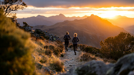 Obraz premium Sunset Hike, Two Women Trek Mountain Trail at Golden Hour