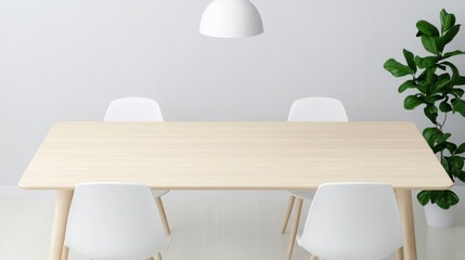 Minimalist dining area with a wooden table and white chairs.