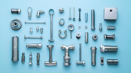 Obraz premium Neatly Arranged Plumbing Tools and Fittings on Light Blue Background