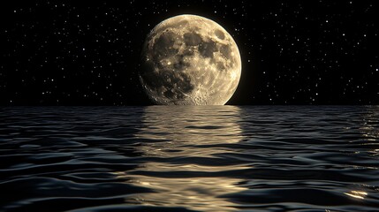 A full moon reflected on a rippling lake under a starlit sky