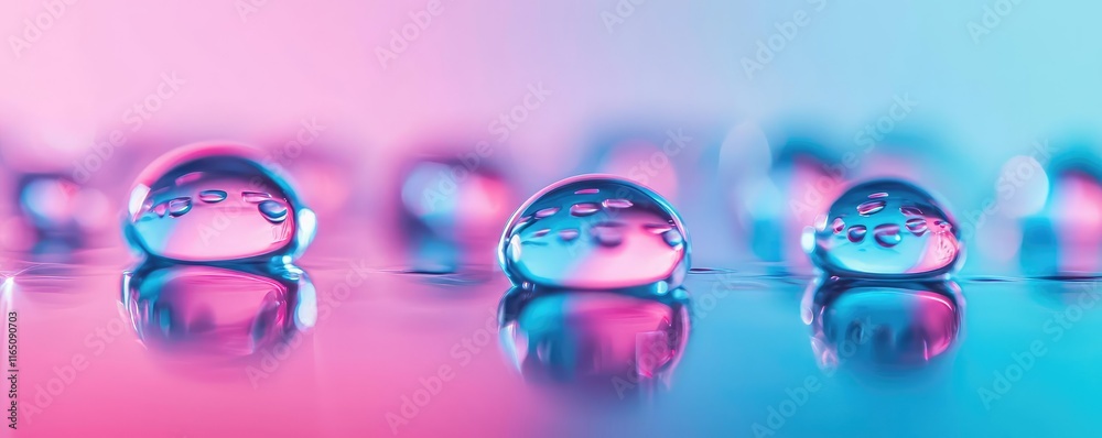 Poster Droplets abstract background idea. Close-up view of water droplets reflecting colorful lights on a smooth surface.