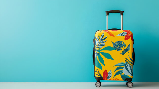 Customizable luggage wrap mock up with a vibrant travel themed design. Travel concept, free space for text