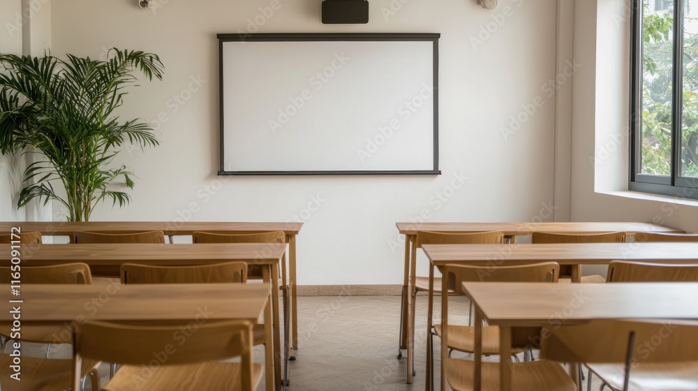 Poster Empty modern classroom with projector screen and wooden tables