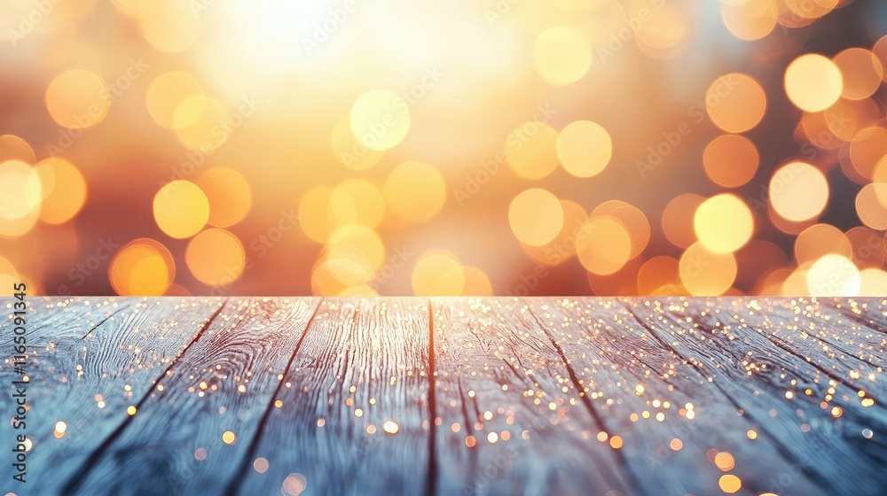 Poster sparkle abstract background concept. a beautiful wooden surface with shimmering bokeh effects in the