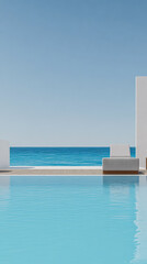 Naklejka premium Relaxing retreat by the serene ocean with clear blue water and modern architecture