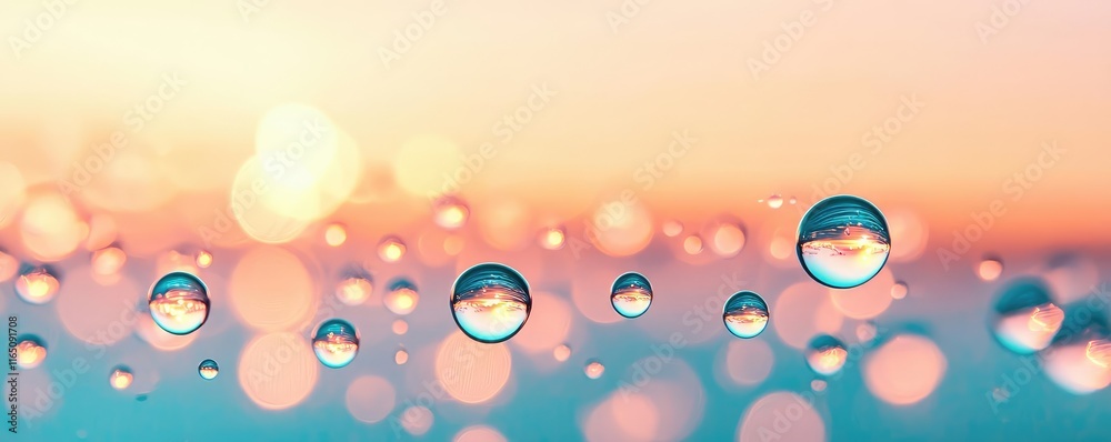 Poster droplets abstract background idea. close-up of water droplets reflecting a beautiful sunset with sof