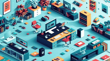 Fototapeta premium Isometric Office Space with Desk, Bookshelves, and Plants