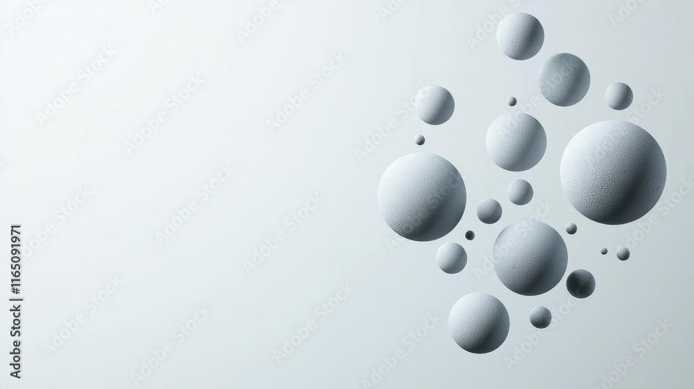 Poster Droplets abstract background idea. Abstract design featuring gray spheres on a minimalist background for creative projects.