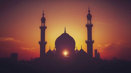 a golden silhouette of a mosque with domes and minarets, set against the backdrop of a glowing sunset
