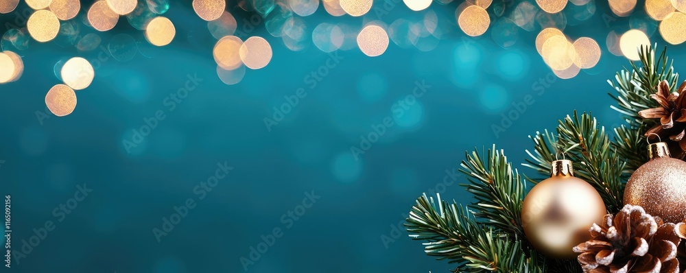 Poster sparkle abstract background concept. festive decorations with pine cones and baubles create a joyful