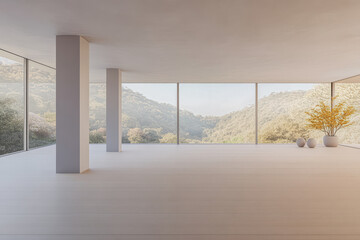 Expansive interior with stunning mountain view and natural light at golden hour