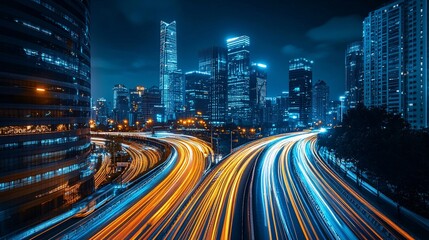 Obraz premium A futuristic cityscape with light trails of flying vehicles blending into the night