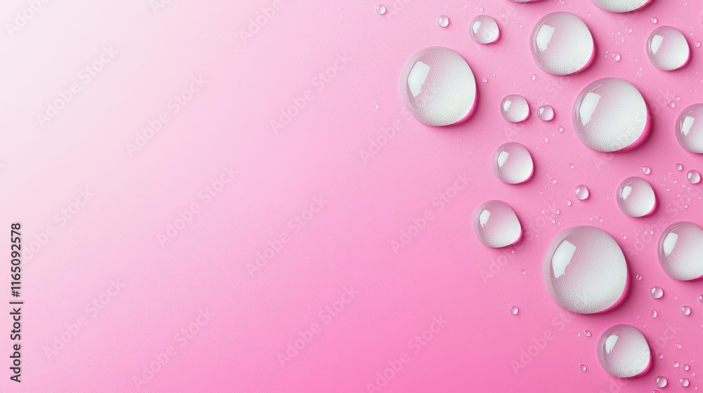 Poster Droplets abstract background idea. Close-up of water droplets on a pink gradient background, creating a fresh and vibrant look.
