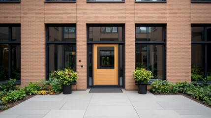 Obraz premium Modern office building entrance with large windows and plants
